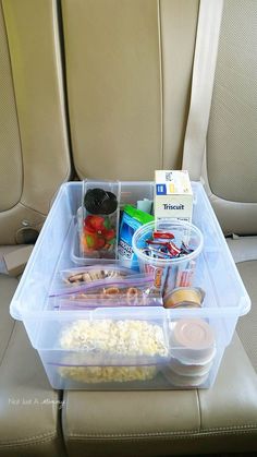 a plastic container filled with food sitting on top of a seat in the back of a car