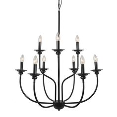 a black chandelier with eight lights hanging from it's center and six arms