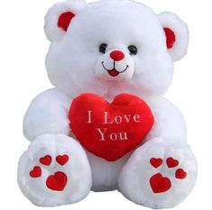 a white teddy bear holding a red heart with the words i love you written on it