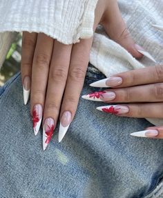 White French Tip Almond Nails Design, Stiletto Summer Nails 2024, Summer Inspo Nails 2024, Nail Stelitto Ideas, Cute Long Almond Nails, 2025 Nail Trends, Almond Nail Acrylic, Cherry Gem Nails, Stelito Nails Designs Long