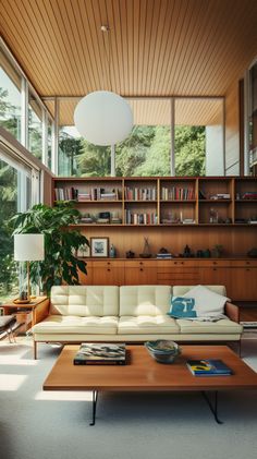 a living room filled with lots of furniture and bookshelves next to a window