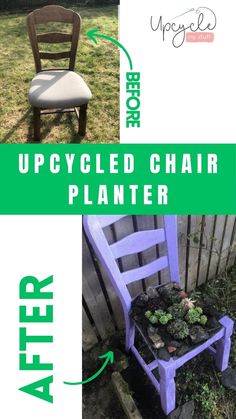 the upcycled chair planter is made from an old chair