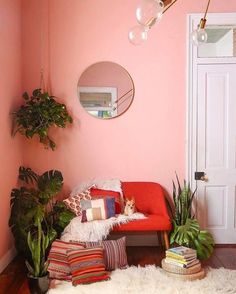 a living room with pink walls and lots of plants