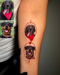 a woman's arm with three pictures of dogs on it and the words love written in