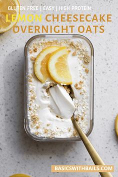 lemon cheesecake overnight oats in a glass dish