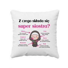 a pillow with the words super sistra on it and an image of a nun