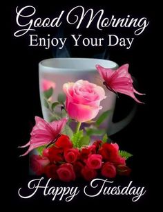 good morning enjoy your day with pink roses and coffee cup on black background, happy tuesday