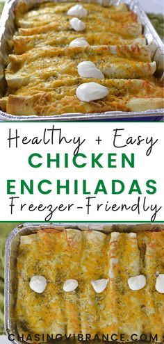 chicken enchiladas with cheese and sour cream on top in a baking pan