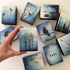 a hand is pointing at several small coasters with birds on them and trees in the background