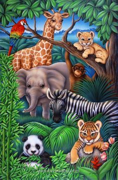 a painting of various animals in the jungle