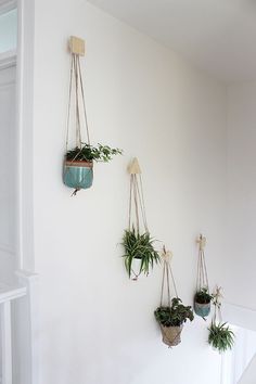 three hanging planters with plants in them on the wall next to a stair case