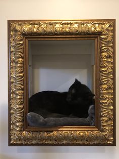 a black cat laying on top of a bed in front of a gold framed mirror