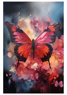 a painting of a red butterfly with black wings and pink flowers in the foreground