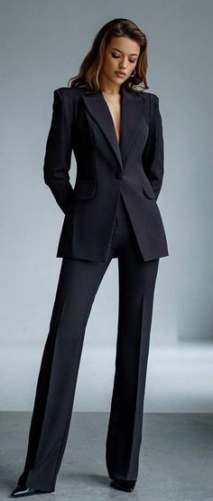 Elegant Female Suits, Classy Pants Suits For Women, Pantsuit Homecoming, Blazer Trousers Outfits For Women, Pants Outfits For Women Formal, Black Suit Woman Outfit, Black Suit Outfits For Women Classy, Gender Neutral Black Tie Outfit, Black Suit Ideas Women