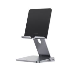 a silver and black tablet stand with a laptop on it's back end, in front of a white background