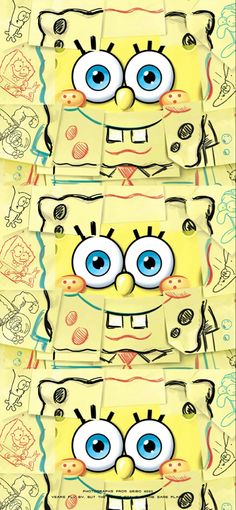 the spongebob faces are drawn on yellow paper with blue eyes and one has two different