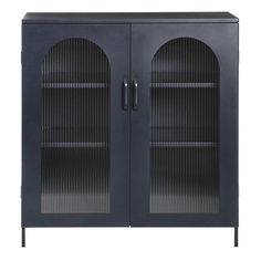 a black cabinet with two glass doors