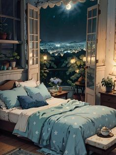 a bedroom with an open window and view of the city at night, is pictured in this image