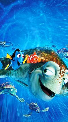 an animated character is swimming in the ocean with many other characters around him and on his back