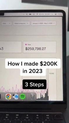 a laptop computer sitting on top of a desk with the text how i made $ 200k in 2012 3 steps