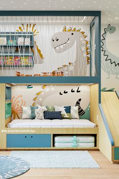 a child's room with a bed, bookshelf and slide in it