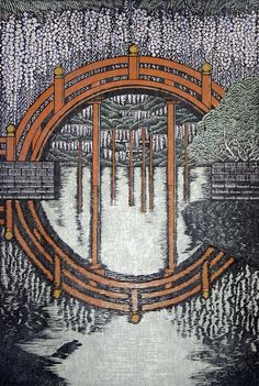 a drawing of a bridge over water with trees in the background