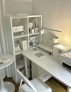 a white desk and chair in a room