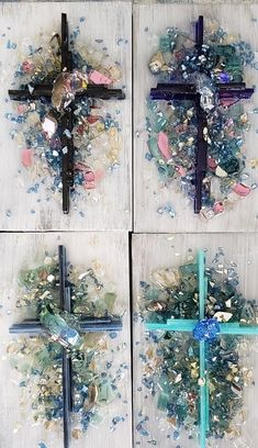 four pictures of different crosses made out of glass beads and other items on a table