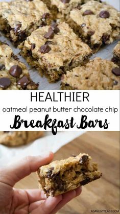 a person holding up a cookie bar with chocolate chips on it and the words healthier caramel peanut butter chocolate chip breakfast bars