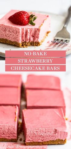 no bake strawberry cheesecake bars on a plate