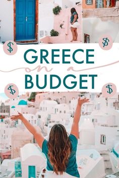 a woman standing in front of a blue door with the words greece on it