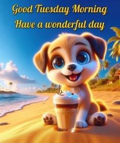 a puppy on the beach with a drink in his hand and good tuesday morning have a wonderful day