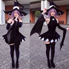 two pictures of a woman dressed up as a witch with purple hair and black clothes