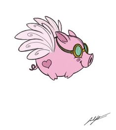 a pink pig flying through the air with wings on it's back and eyes open