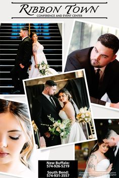 a flyer for a wedding event with photos of the bride and groom in black tuxedo