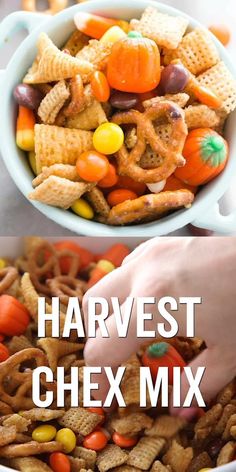 two pictures with the words harvest chex mix in them