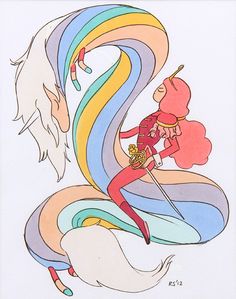 a drawing of a woman riding on top of a horse next to a rainbow colored wave