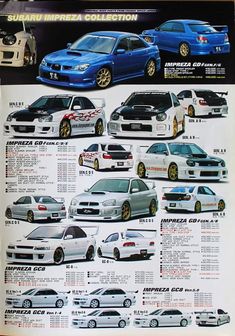 an advertisement for the subaru impreza collection, with all different cars in it