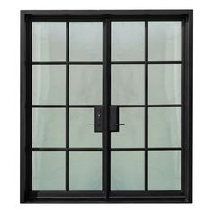 an open glass door with black frame and metal handle on the outside wall, against a white background