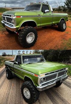 an old green truck parked on top of a dirt road next to another green truck