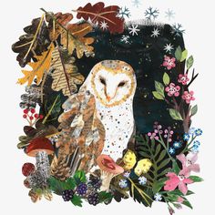 an owl surrounded by leaves and flowers
