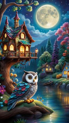 an owl sitting on a tree branch in front of a house with a full moon