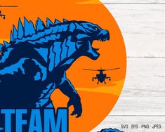 an image of a godzilla with helicopter flying in the sky behind it that says team
