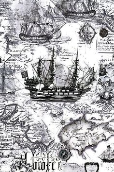 a black and white drawing of ships on a map with other things in the background