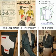 the instructions for sewing are shown in four different pictures, including an instruction book and a mannequin's torso