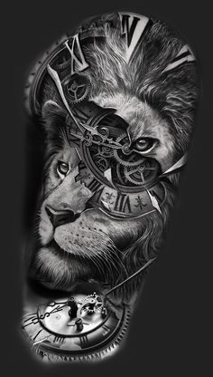 a black and white photo of a lion with a clock on its face, in the middle of his arm