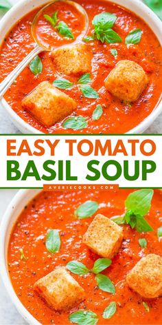 An easy fall comfort food! It's ready in just 30 minutes. Not only is this homemade tomato basil soup a cozy dinner recipe, but it is also hearty and healthy. You'd never guess this delicious soup is vegan and gluten-free! Healthy Tomato Basil Soup, Tomato Basil Soup Easy, Homemade Tomato Basil Soup, Cozy Dinner, Easy Autumn Recipes, Basil Soup, Fall Comfort Food, Tomato Basil Soup, Cozy Meals