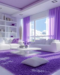 a living room with purple carpet and white furniture in front of a large open window