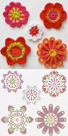 four crocheted flowers are shown in different colors