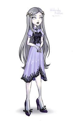 a drawing of a girl with long gray hair and purple dress, wearing high heels